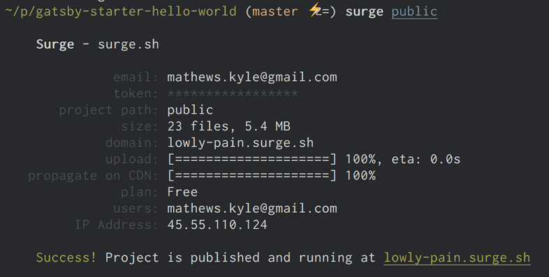 Screenshot of publishing Gatsby site with Surge